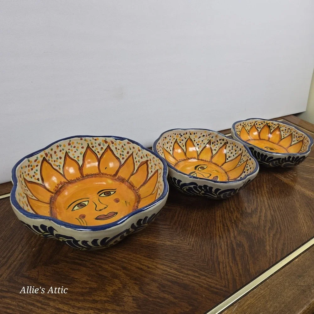 Vintage Celestial Bowl Sun Flower Yellow Blue Stacking Nesting Set Clay Handmade